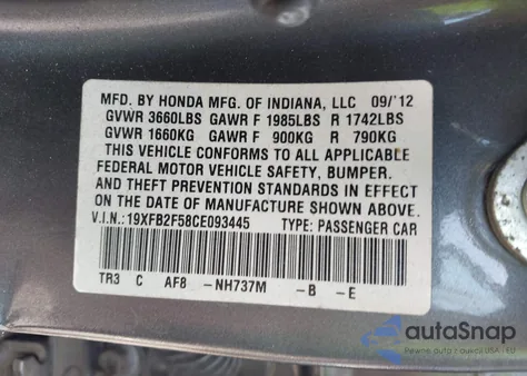 2012 Honda Civic Lx from USA, damaged, VIN 19XFB2F58CE093445